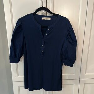 LOFT Blue Mandarin Collar Puff Sleeve Top
